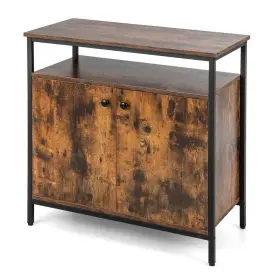 Zy1k0189 Bunpeony Rustic Brown Wood Sideboard Buffet Cabinet 31.5 Inch Kitchen Island With Shelves