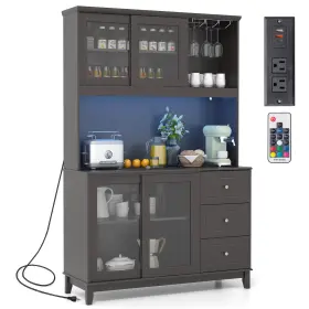 Jv11630us-cf Costway Kitchen Pantry Storage Cabinet Hutch With Led Lights And Power Outlet