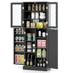 Kc55529dk Costway 63.5 Inch Tall Kitchen Pantry Cabinet And 2 Double Tempered Glass Door 7 Storage Shelf #2