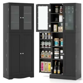 Kc55529dk Costway 63.5 Inch Tall Kitchen Pantry Cabinet And 2 Double Tempered Glass Door 7 Storage Shelf