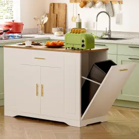 Beyshef1uy Gwt 46 Inch Rolling Kitchen Island Cart With Trash Can Cabinet Utility Trolley 2 Drawers