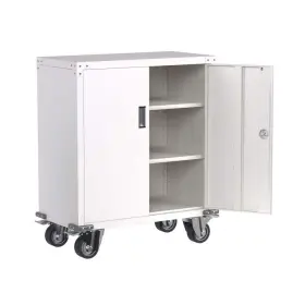 Hephastu 767077758486 Garage Storage Cabinet 35.4 Inch Keyed Entry Lockable Swivel Casters White