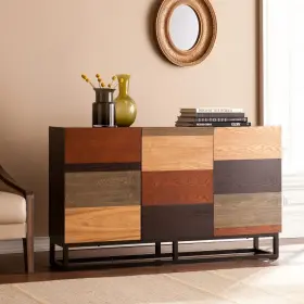 Homeroots Kitchen & Dining 808230099845 Patch Mid Century Mod Color Block Three Door Accent Cabinet