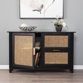 Homeroots Kitchen & Dining 808230099906 Black And Cane Bamboo Accent Storage Cabinet
