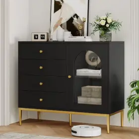 Homfa 657381171357 4 Drawer Storage Cabinet Modern Wooden Cupboard With Glass Doors Black