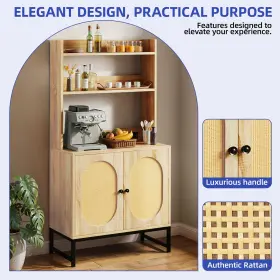 Homnia 197839697997 Kitchen Pantry Hutch Rack With Rattan Doors Durable Microwave Coffee Bar Storage #2