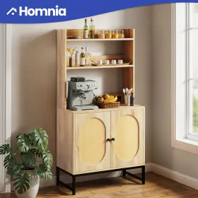 Homnia 197839697997 Kitchen Pantry Hutch Rack With Rattan Doors Durable Microwave Coffee Bar Storage