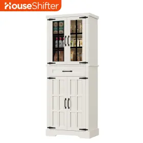 House Shifter 197839893474 71 Inch Wood Kitchen Hutch White Pantry Sideboard Large Drawer With Enclosed Cabinet #2