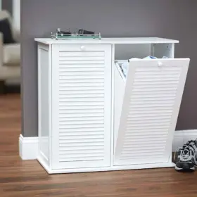 18411-1 Household Essentials Laundry Hamper 28.35 Inch Hx30 W Wood Tilt Out Cabinet Sorter Shutter White