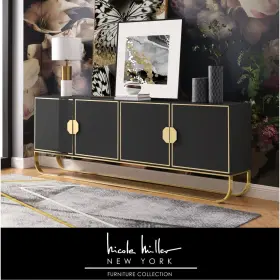 Nsd423-09bk4-oy Nicole Miller Jayna Sideboard - 4-doorhigh Gloss Finishblack/gold