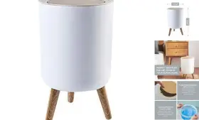 Wood-leg-garbage-white-1p Primeo Limited Nordic Style Trash Can 1-pack Push Top With Lid 14.3 Inch X8.7 White