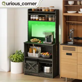 Beyshebm7n Qurious Corner 65 In Kitchen Pantry Bakers Rack With Power Outlets Led Coffe Microwave Stand