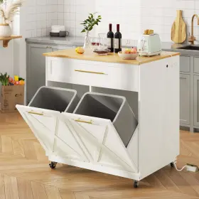 Taus 197839194595 53 Inch Rolling Kitchen Island With Double Tilt Out Trash Can Cabinet Utility Trolley