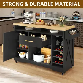 Taus 197839525870 53 In Rolling Kitchen Island Power Outlet And Wine Storage Glass Holder Spice Rack