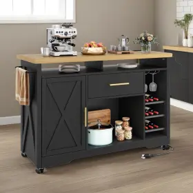 Taus 197839900769 Rolling Kitchen Island Charging Station And Wine Storage Glass Holder Spice Rack