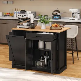 Beyshfbl4q Taus 50 Inch Rolling Kitchen Island With Trash Can Storage Cabinet And Drop Leaf Drawer