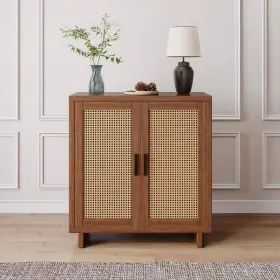 Fop-cb0006-wt Uixe Walnut 31.7 Inch H 2-rattan Doors Accent Storage Cabinet With 3-shelves And Wood