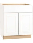 Hampton Satin White Raised Panel Stock Assembled Base Kitchen Cabinet With Drawe. Fixed Price $363.60.