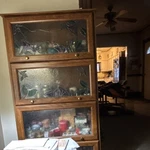 Brown Wood And Glass Cabinet With Patterned Doors, 3 Shelves, Living Room. Fixed Price $159.00.